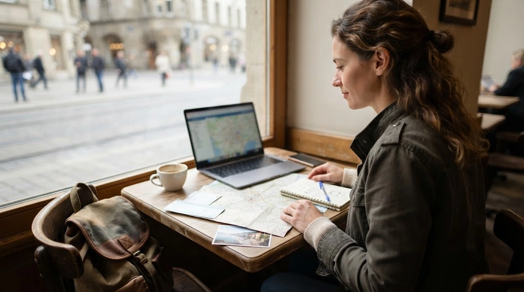 Solo female traveler comparing city and small town options before booking her trip