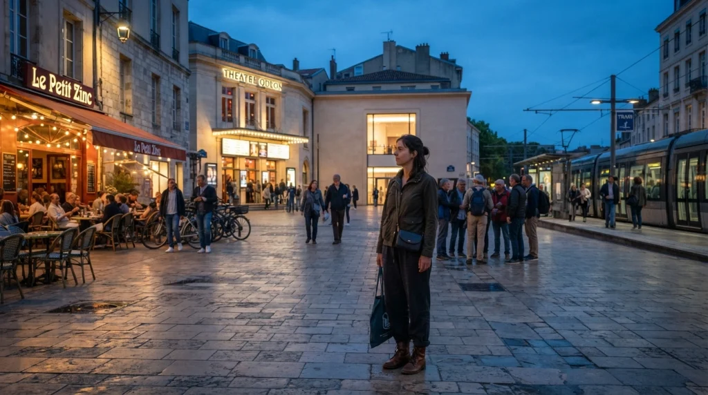Solo woman near restaurants, cultural venues, and transit while planning safe evening activities