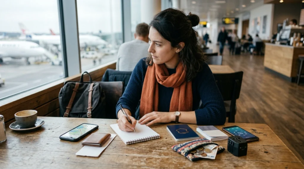 Solo woman comparing domestic and international travel logistics at an airport café