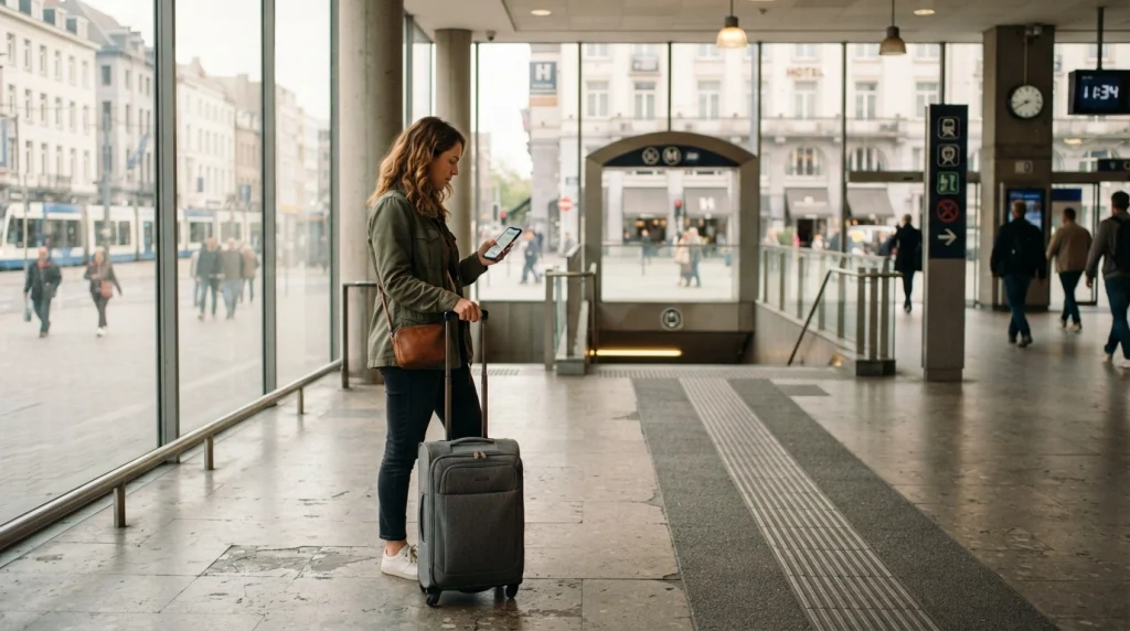 Solo woman arriving at an easy-to-navigate destination with simple public transport
