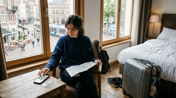 Shy woman planning a short first solo trip from one comfortable city hotel base