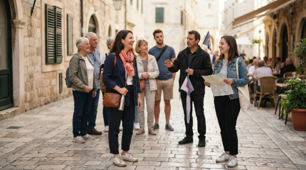 Solo woman meeting travelers during a small walking tour on her first solo trip