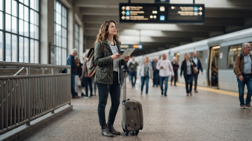 Solo woman navigating public transport during a two-week solo female trip