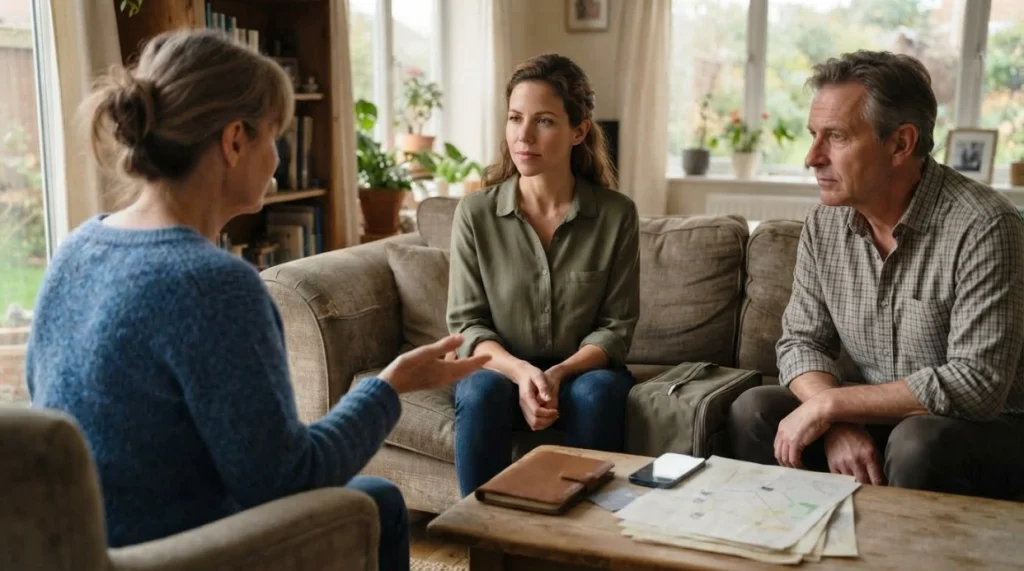 Woman calmly discussing her first solo trip with family members who still have concerns