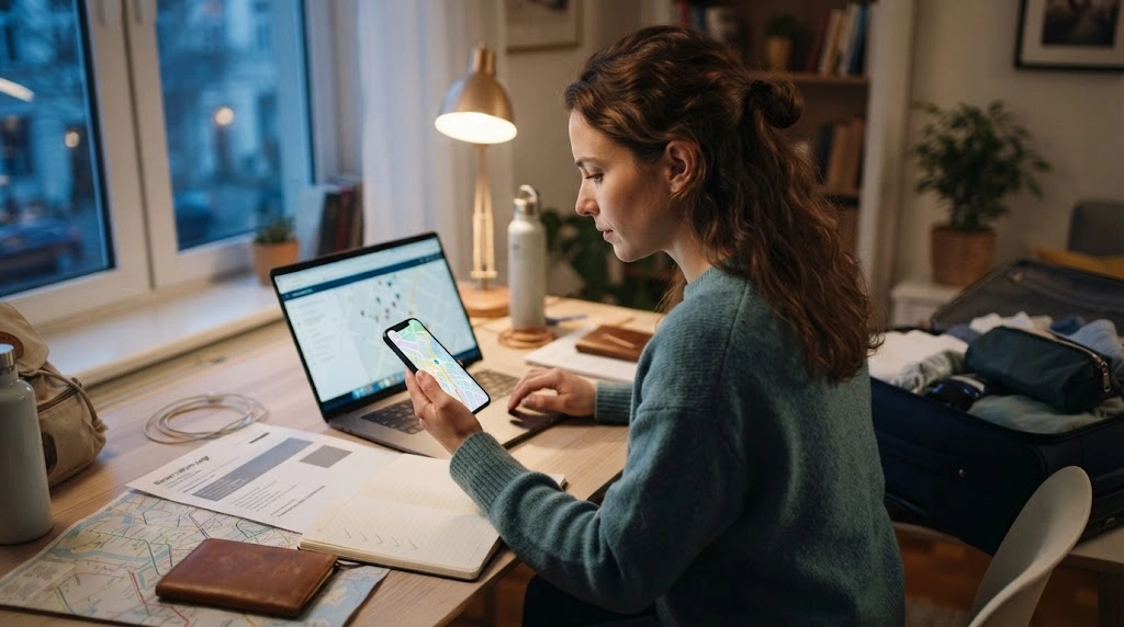 Solo female traveler verifies address, arrival route, reviews and transport before booking accommodation
