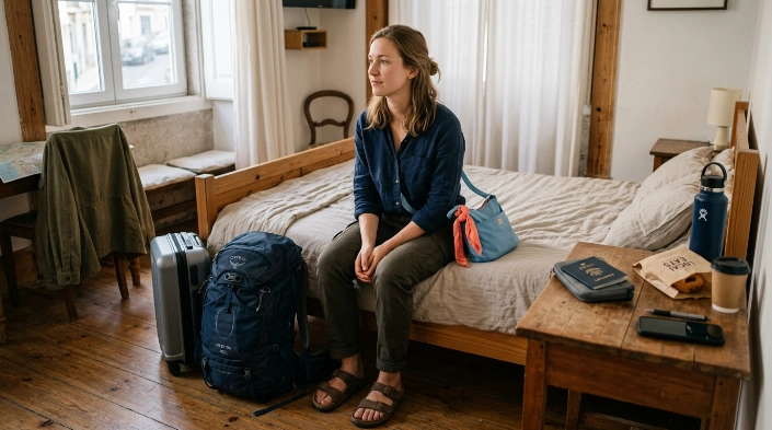 Woman settling into accommodation calmly on the first day of her first solo trip.