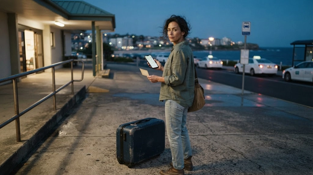Solo woman testing airport transport and accommodation logistics before choosing a beach destination