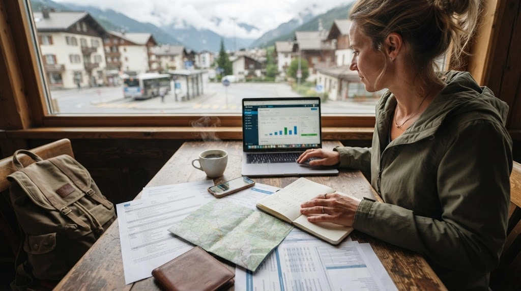 Solo woman checking transport, lodging, weather, insurance and budget before booking a mountain trip