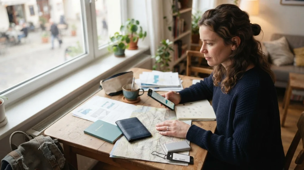Woman compares language, transport, safety, health, and accommodation before choosing a solo destination

