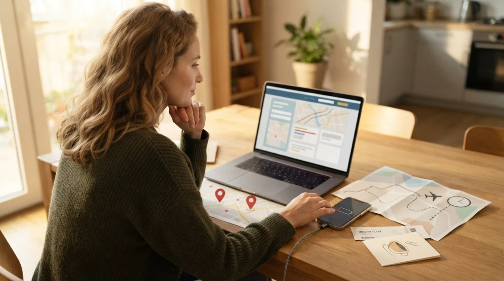 Woman checking backup scenarios before booking a solo travel destination