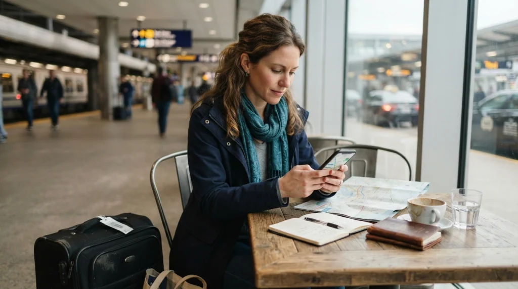 Solo female traveler comparing airport train, taxi, and transfer options before booking a destination