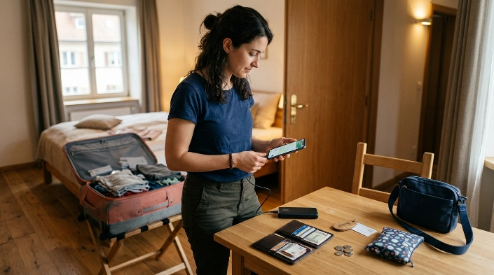 Solo female traveler charging her phone and organizing essentials during her first evening arrival.