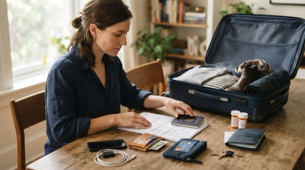 Woman organizing passport, medicine, backup card, phone, charger, keys, and clothes for her first solo trip.