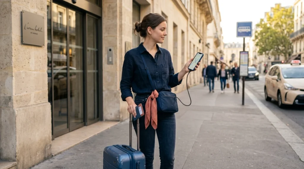 Solo female traveler checking her arrival route outside a hotel during daylight with secure luggage and phone.