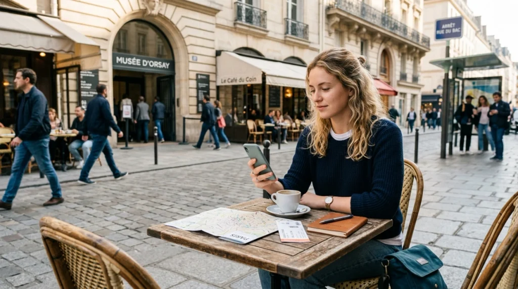 Woman reviewing a simple first solo weekend itinerary at a city café