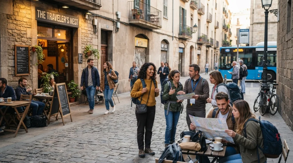 Solo woman meeting travelers through a walking tour near social accommodation
