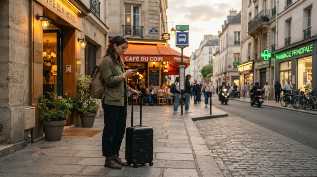 Solo woman arriving at a central hotel near cafés, shops, and public transport