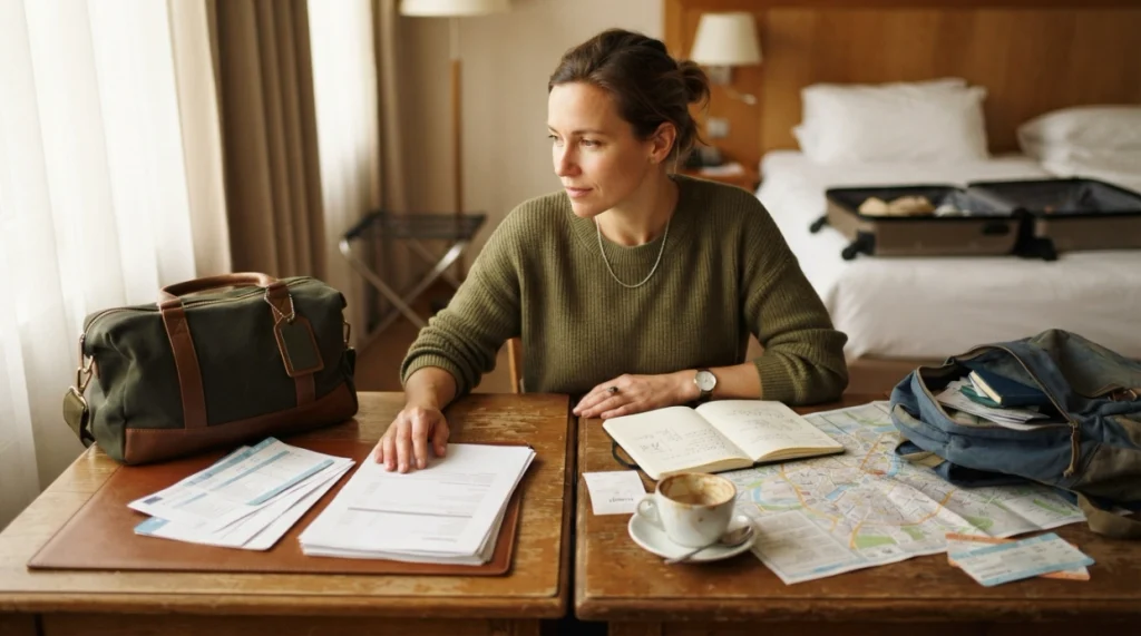 Woman comparing organized tour documents with independent travel maps, tickets, phone, and daypack.