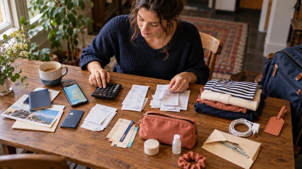 Woman sorting hidden solo travel costs into fixed, daily, flexible, and emergency spending groups