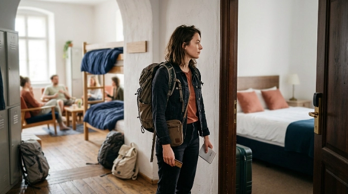 Solo woman comparing a small hostel dorm and private hotel room before her first solo trip.