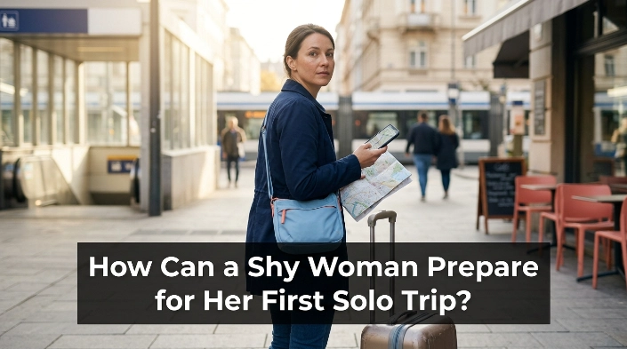 Shy woman preparing for her first solo trip with luggage, phone navigation, and confident planning
