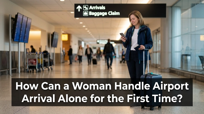 Woman handling her first solo airport arrival with luggage, passport, and phone