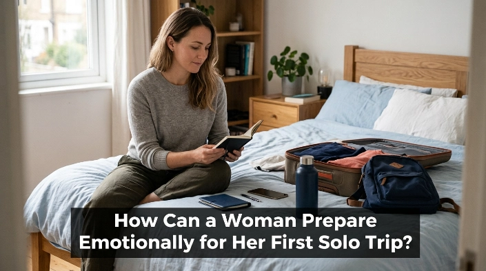 How can a woman prepare emotionally for her first solo trip with calm planning and confidence?