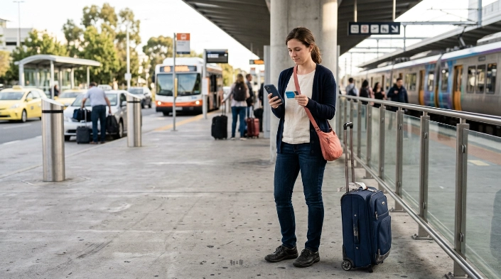 Solo woman checking airport transit options and phone navigation with suitcase.