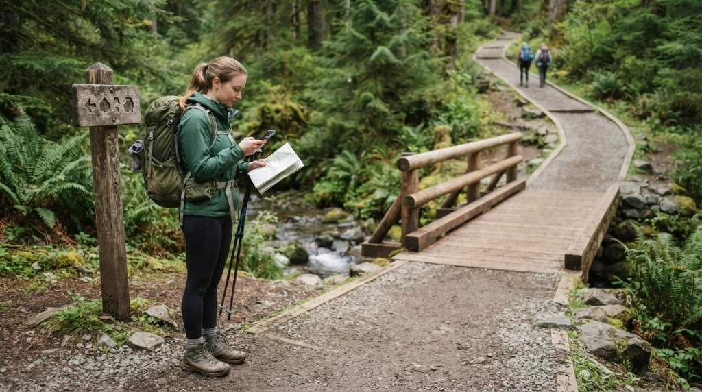 Solo female hiker checking a map at a maintained and clearly marked hiking trail junction
