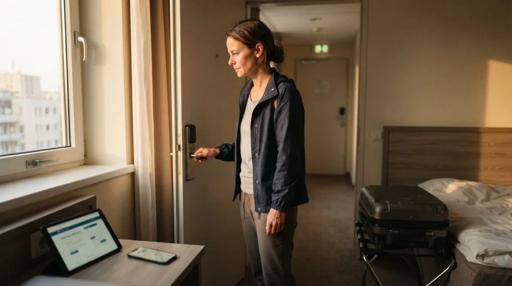 Solo woman checking her hotel room and first-night travel details after arrival