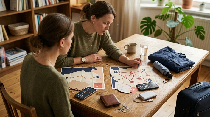Woman comparing two first solo destinations using maps, transport routes, budgets, and backup plans.