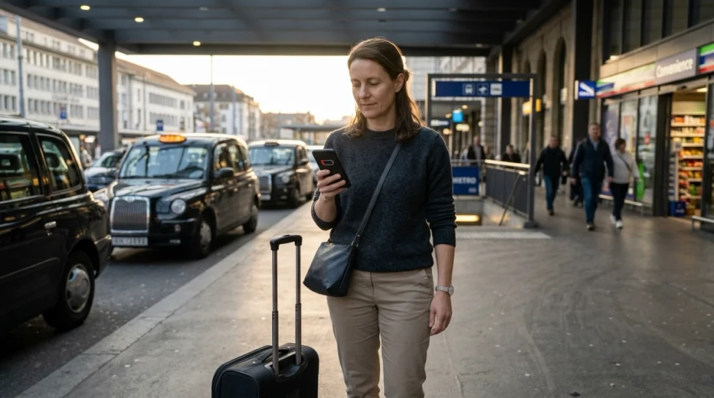 Solo woman traveler checking airport transfer and accommodation route with luggage and low phone battery