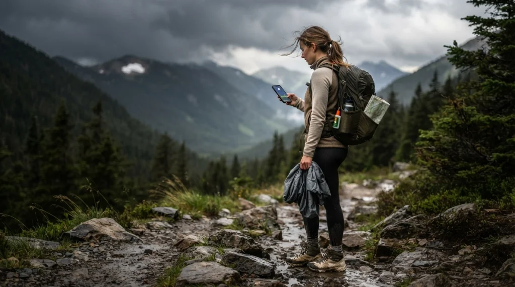 Solo female hiker checking changing mountain weather before deciding whether to continue hiking