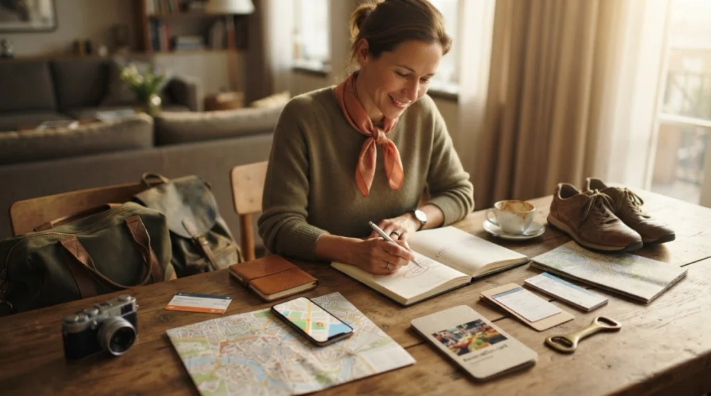 Woman planning a hybrid seven-day solo trip with walking tour, day trip, and food tour.