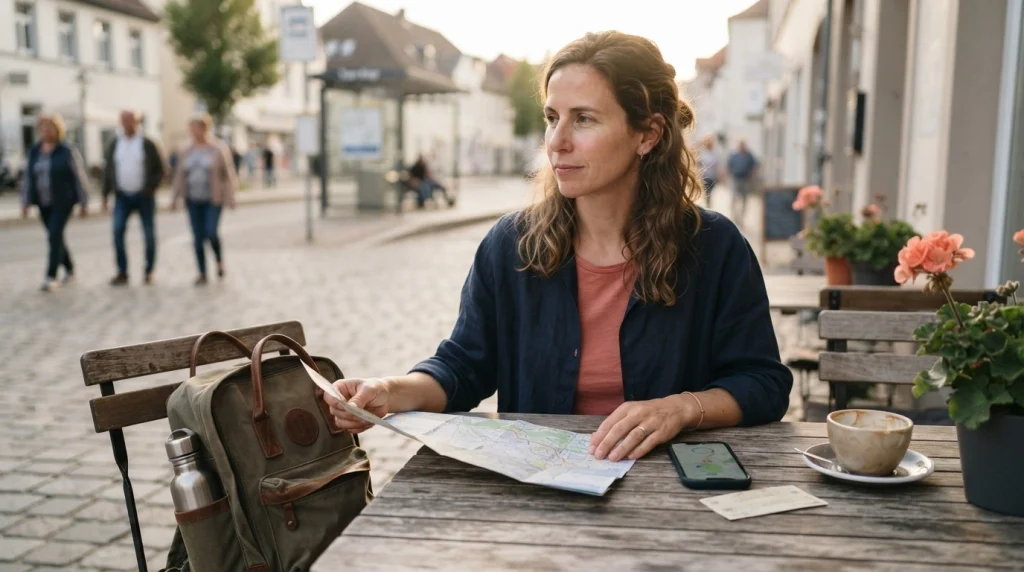 Woman practicing solo travel confidence during a relaxed independent day trip.