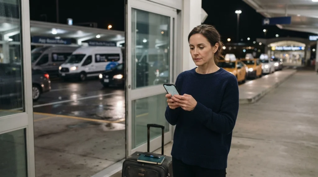 Solo woman comparing hotel shuttle, taxi, rideshare, and public transit after a late arrival.