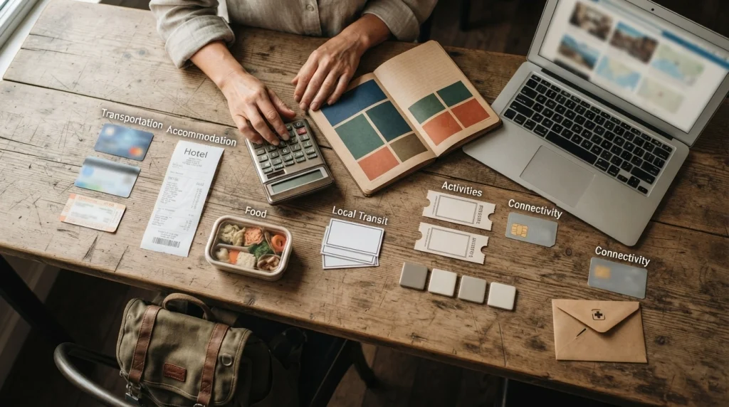 Woman organizing a five-night solo trip on a limited budget with separate emergency savings
