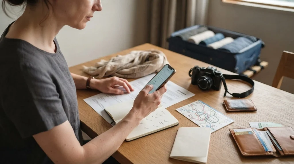 Solo female traveler making a local customs checklist with dress, transport, photography, and etiquette research