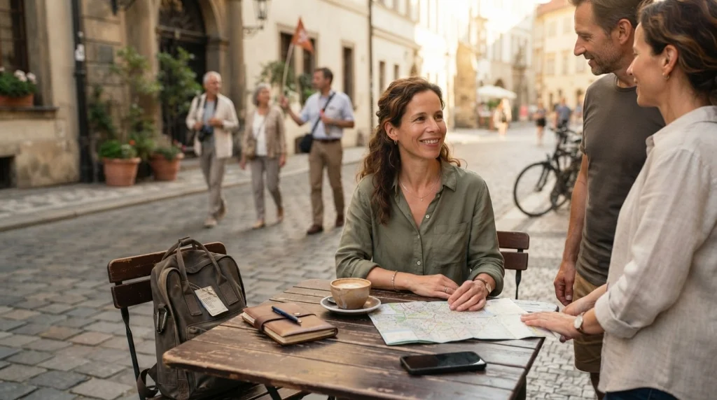Solo woman meeting travelers after a walking tour while keeping her own space and travel belongings nearby
