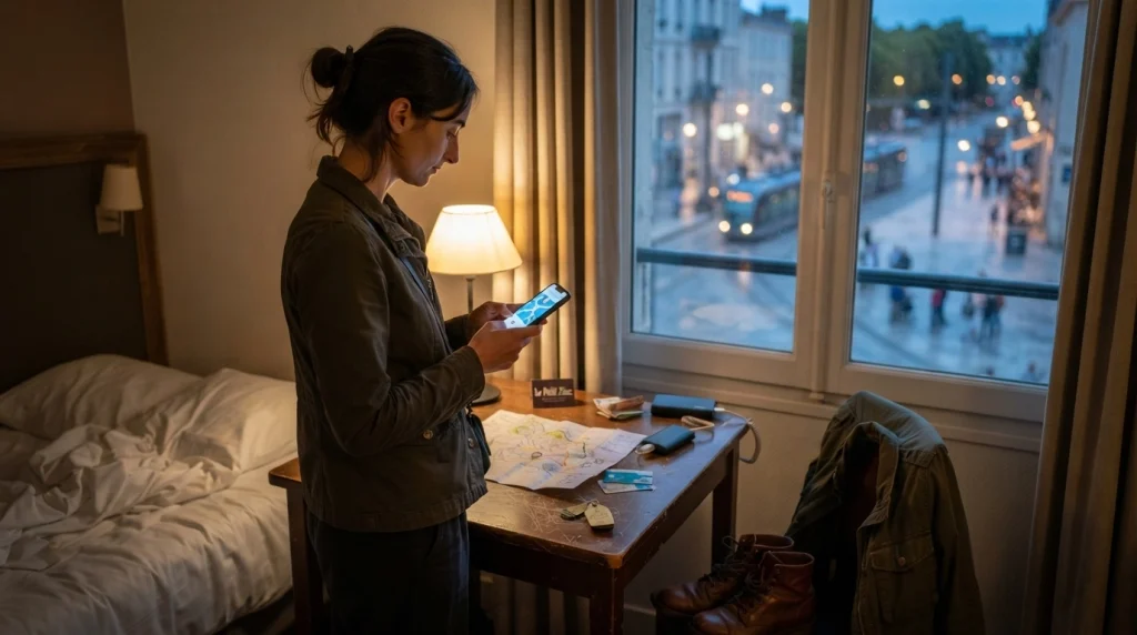 Solo woman preparing phone, map, cash, and return route for safe evening activities