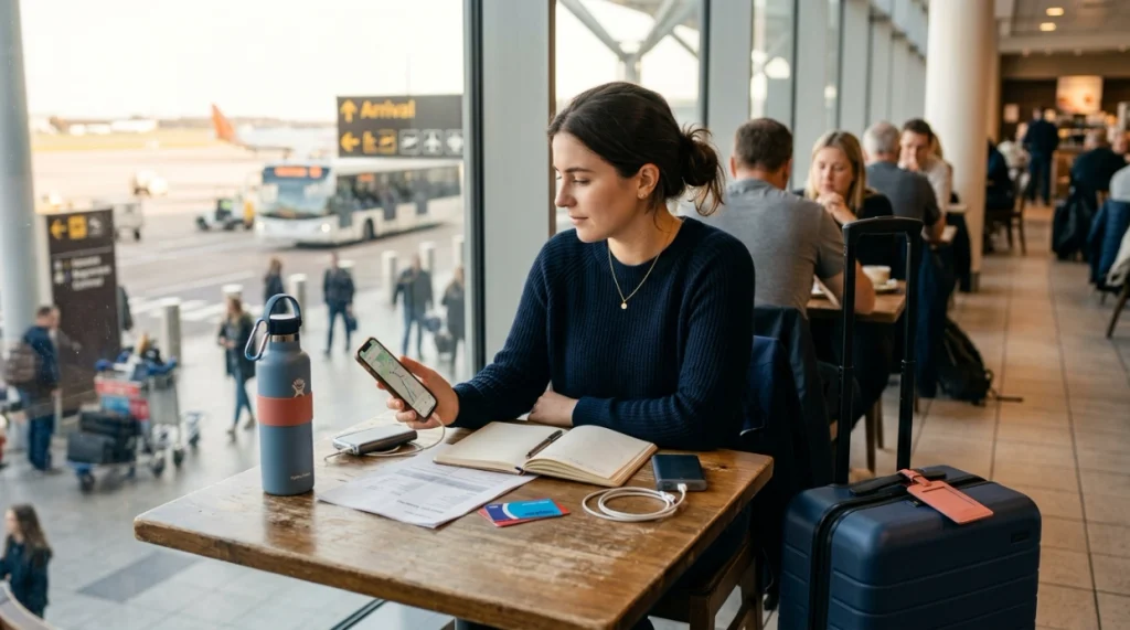 Solo female traveler reviewing her first-day arrival plan beside luggage at an airport café