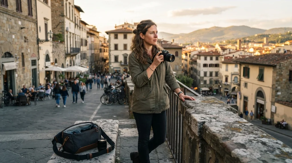 Solo female photographer comparing street, architecture, and landscape subjects while choosing a destination