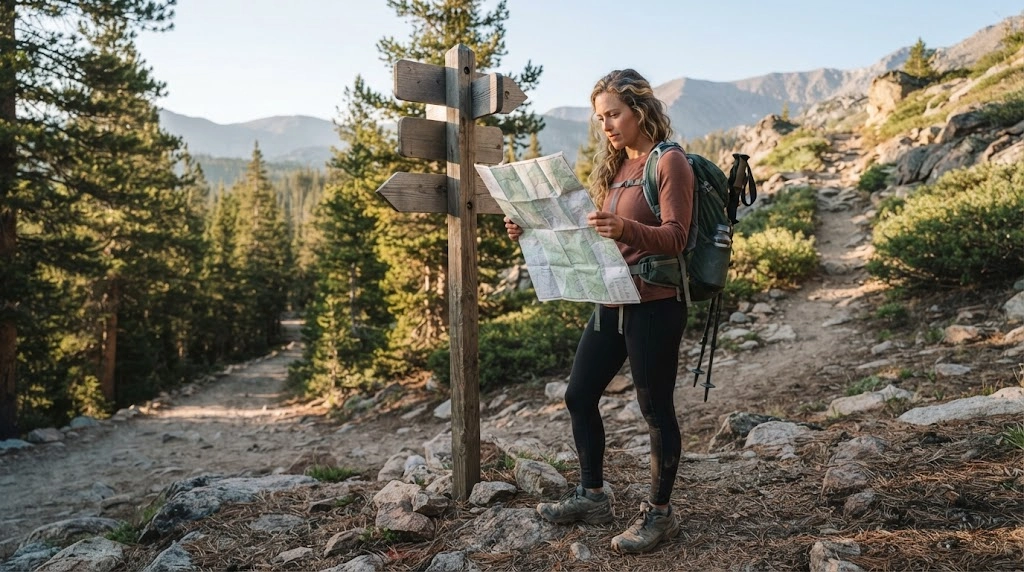 Solo woman comparing hiking routes and terrain before choosing a national park trail.