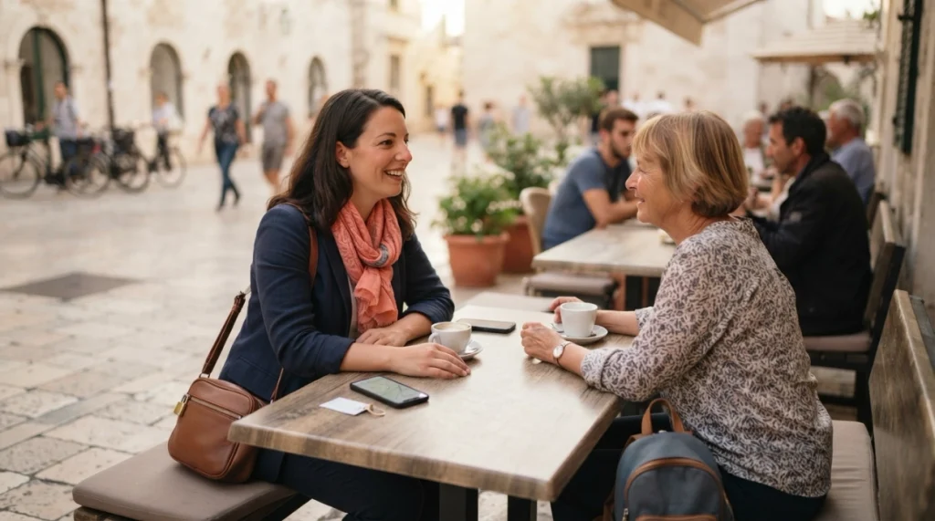 Solo woman safely meeting another traveler at a busy public café