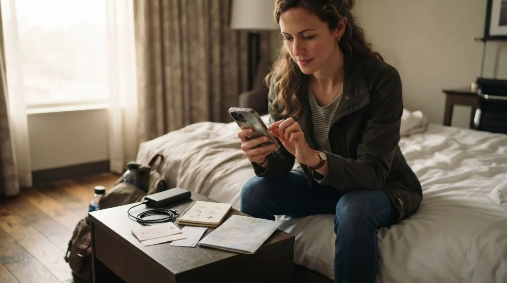 Solo female traveler preparing offline maps, power bank, tickets, and emergency contacts as connectivity backup