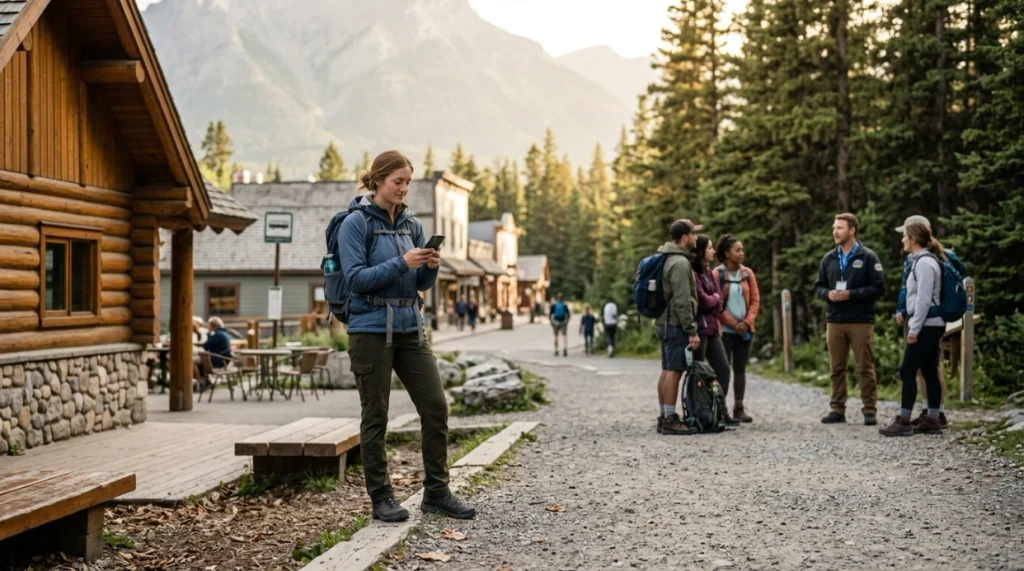 Solo woman joining a small guided nature activity from a walkable gateway town