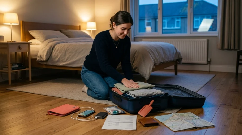 Woman checking passport, phone, money and travel essentials the night before her first solo trip