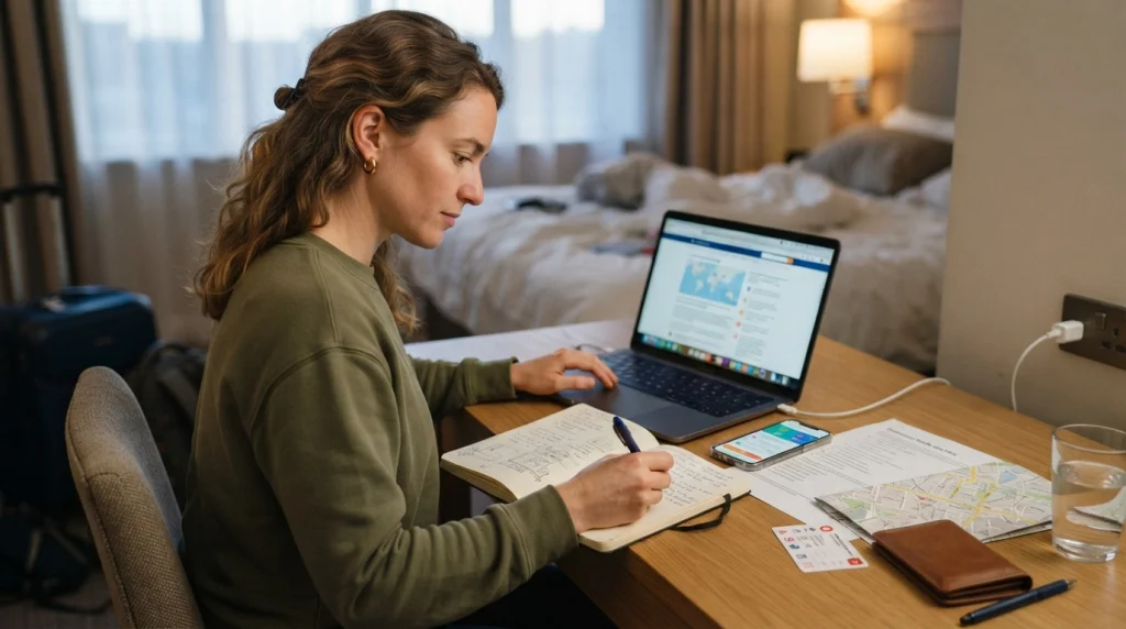 Woman checking official travel advisories, health guidance, and emergency information before a solo trip