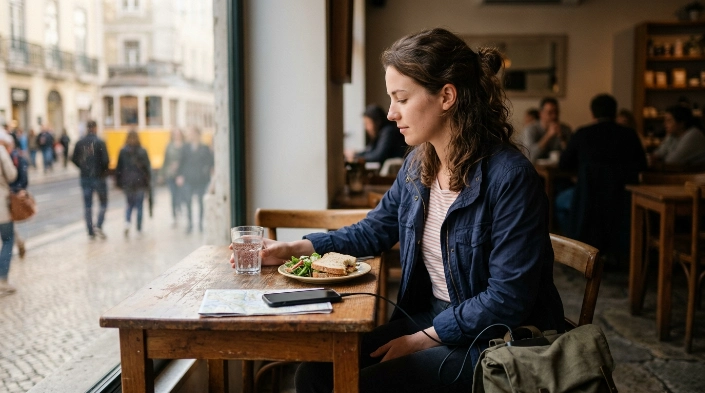 Solo woman resting in a café with food, water, and charging phone after feeling overwhelmed