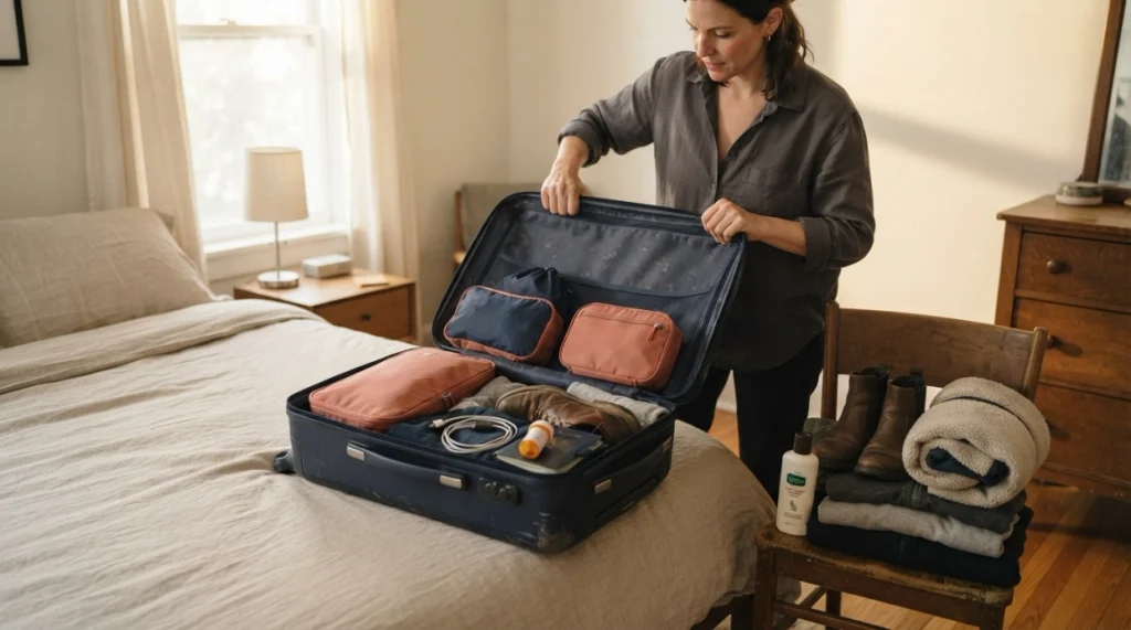 Woman testing a light carry-on after removing duplicate toiletries, extra shoes, and unnecessary clothes.